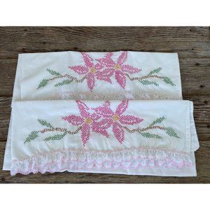 Vintage pair PIllow cases Embroidery Cross Stitch Pink Flowers